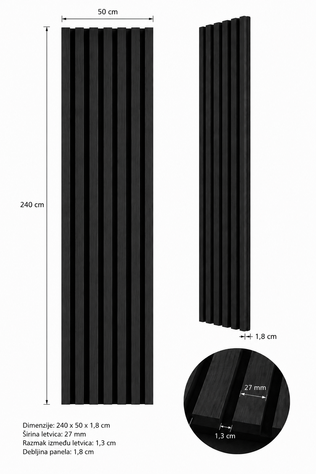 Akustični zidni panel Crni Hrast | 240x50 cm | MDF letvice 27 mm