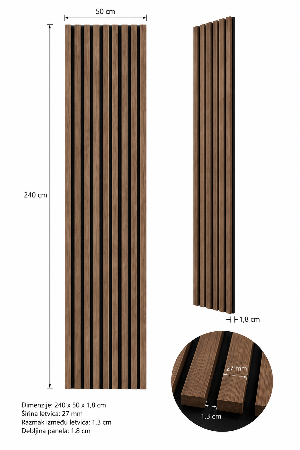 Akustični zidni panel Smeđi Hrast | 240x50 cm | MDF letvice 27 mm
