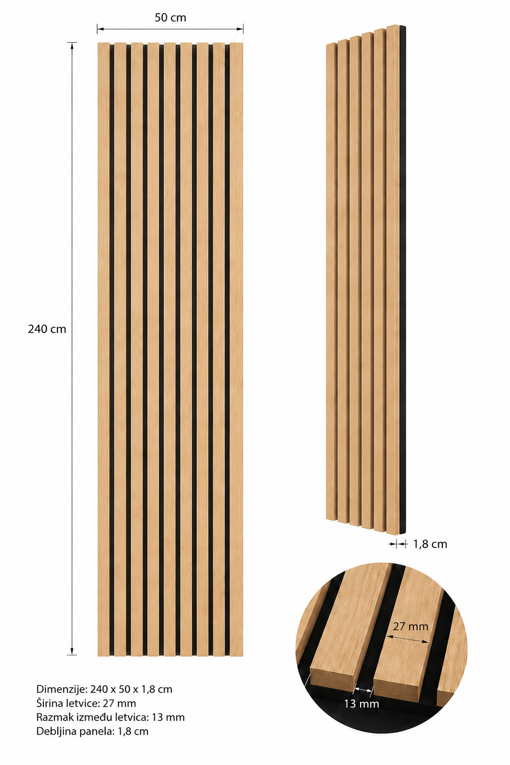 Akustični zidni panel Svijetli Hrast | 240x50 cm | MDF letvice 27 mm