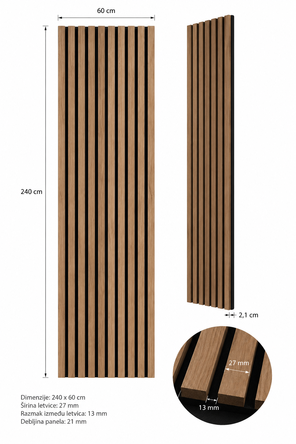 Akustični zidni panel Smeđi Hrast | 240x60 cm | MDF letvice 27 mm
