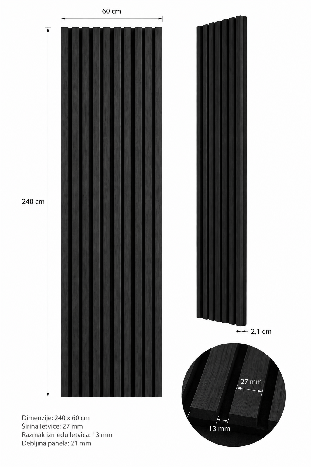 Akustični zidni panel Crni Hrast | 240x60 cm | MDF letvice 27 mm