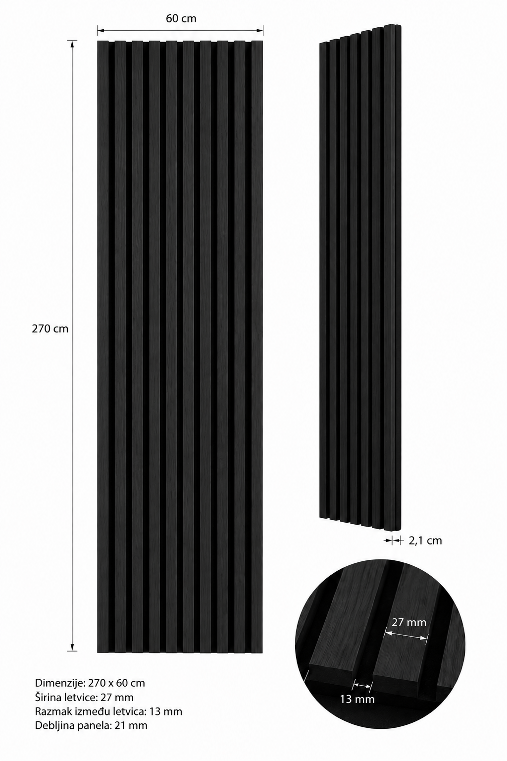 Akustični zidni panel Crni Hrast | 270x60 cm | MDF letvice 27 mm