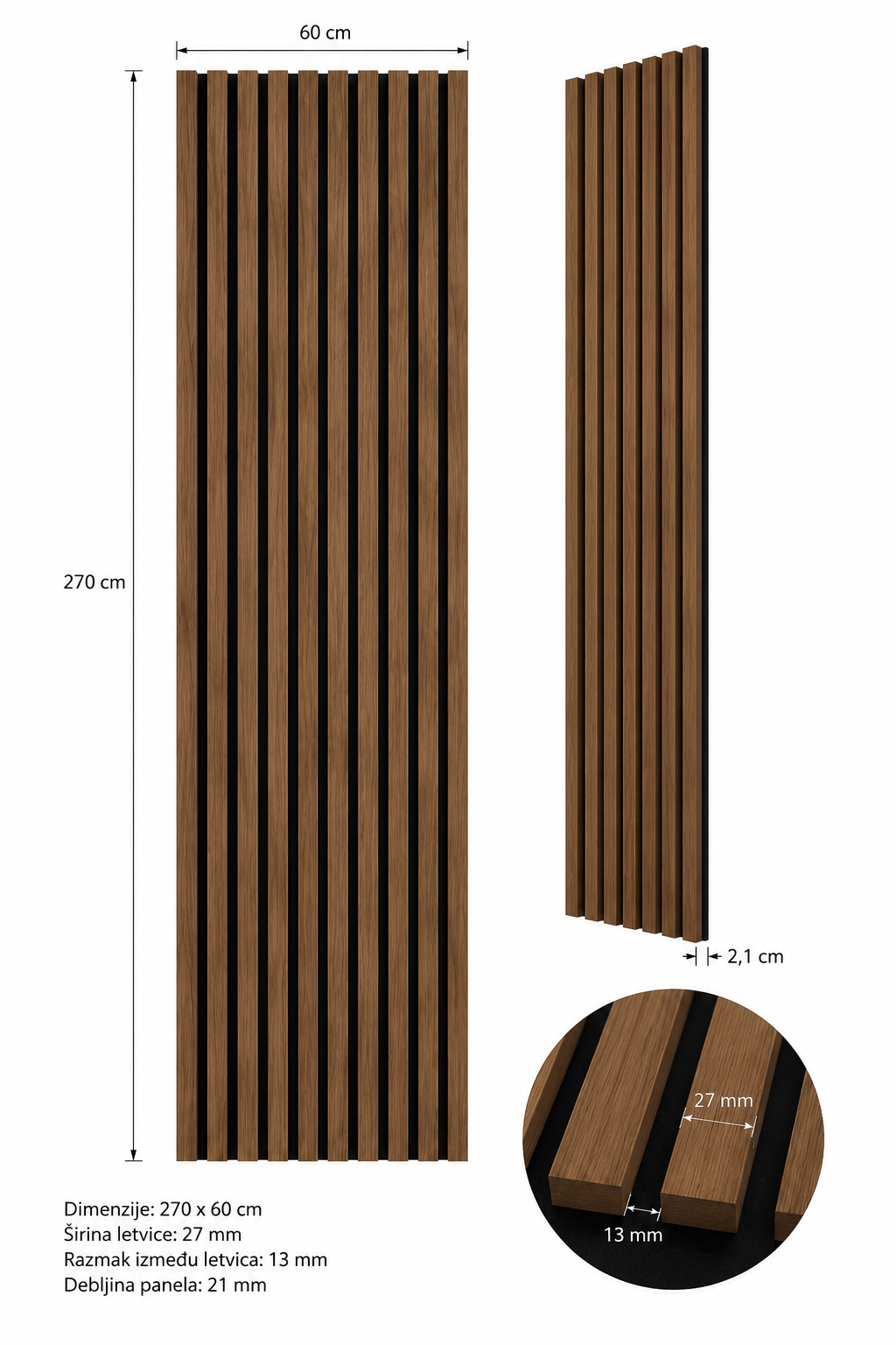 Akustični zidni panel Smeđi Hrast | 270x60 cm | MDF letvice 27 mm