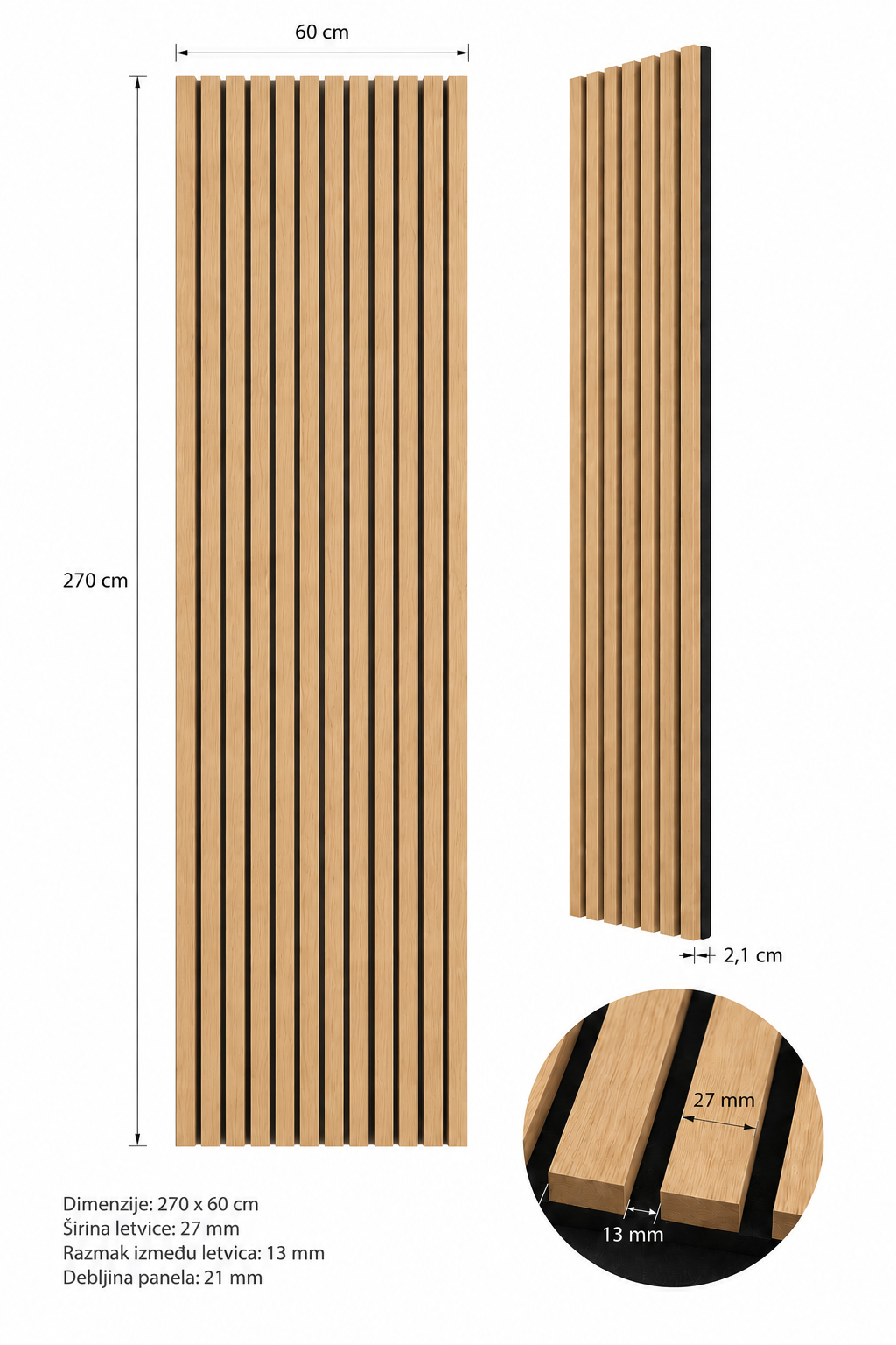 Akustični zidni panel Svijetli Hrast | 270x60 cm | MDF letvice 27 mm