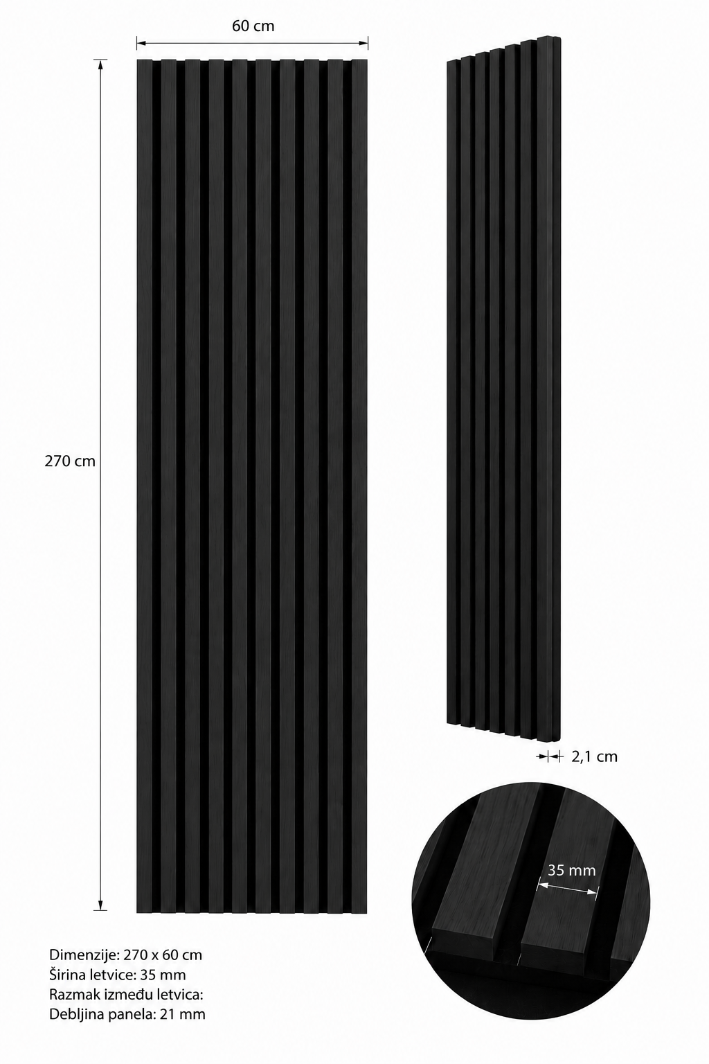 Akustični zidni panel Crni Hrast | 270x60 cm | MDF letvice 35 mm