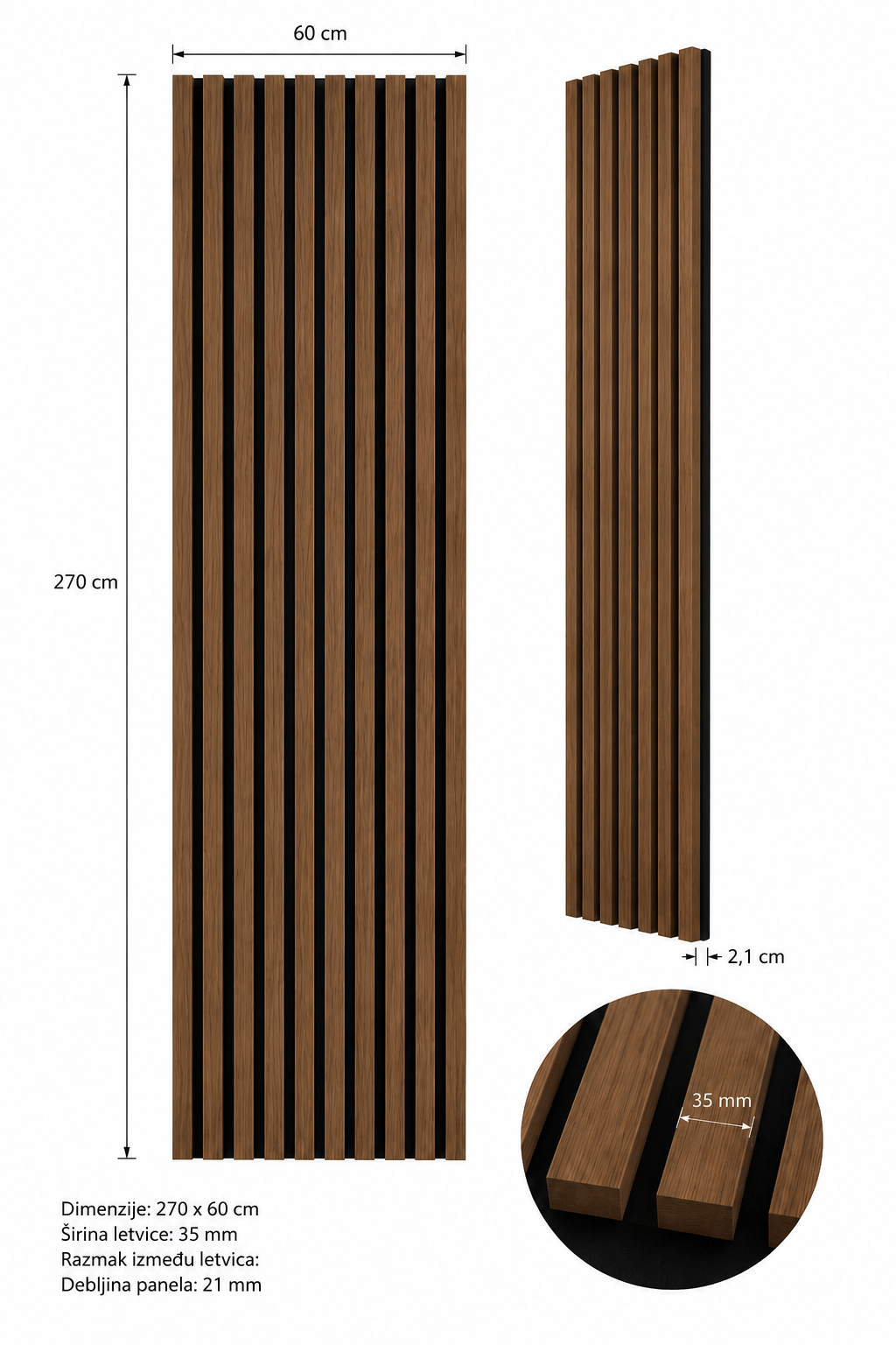 Akustični zidni panel Smeđi Hrast | 270x60 cm | MDF letvice 35 mm