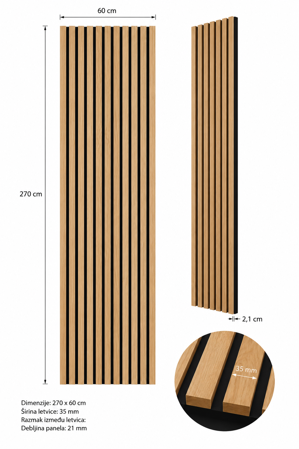 Akustični zidni panel Svijetli Hrast | 270x60 cm | MDF letvice 35 mm