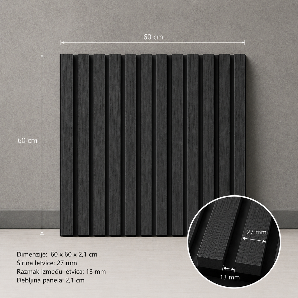 Akustični zidni panel Crni Hrast | 60x60 cm | MDF letvice 27 mm
