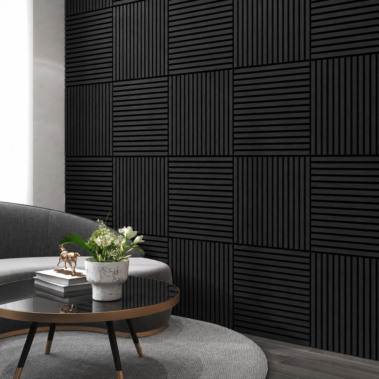 Akustični zidni panel Crni Hrast | 60x60 cm | MDF letvice 27 mm