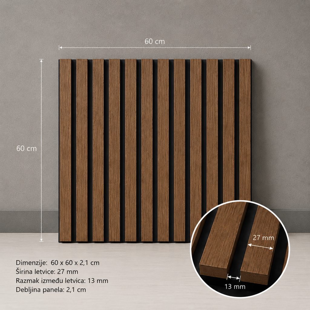 Akustični zidni panel Smeđi Hrast | 60x60 cm | MDF letvice 27 mm