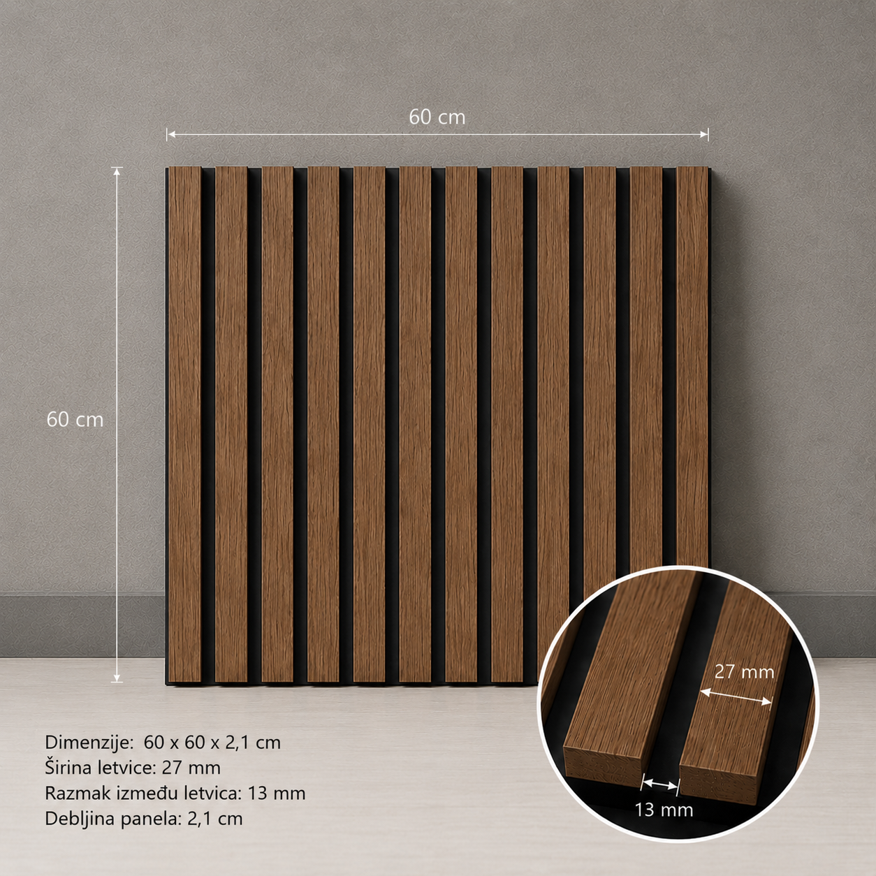 Akustični zidni panel Smeđi Hrast | 60x60 cm | MDF letvice 27 mm