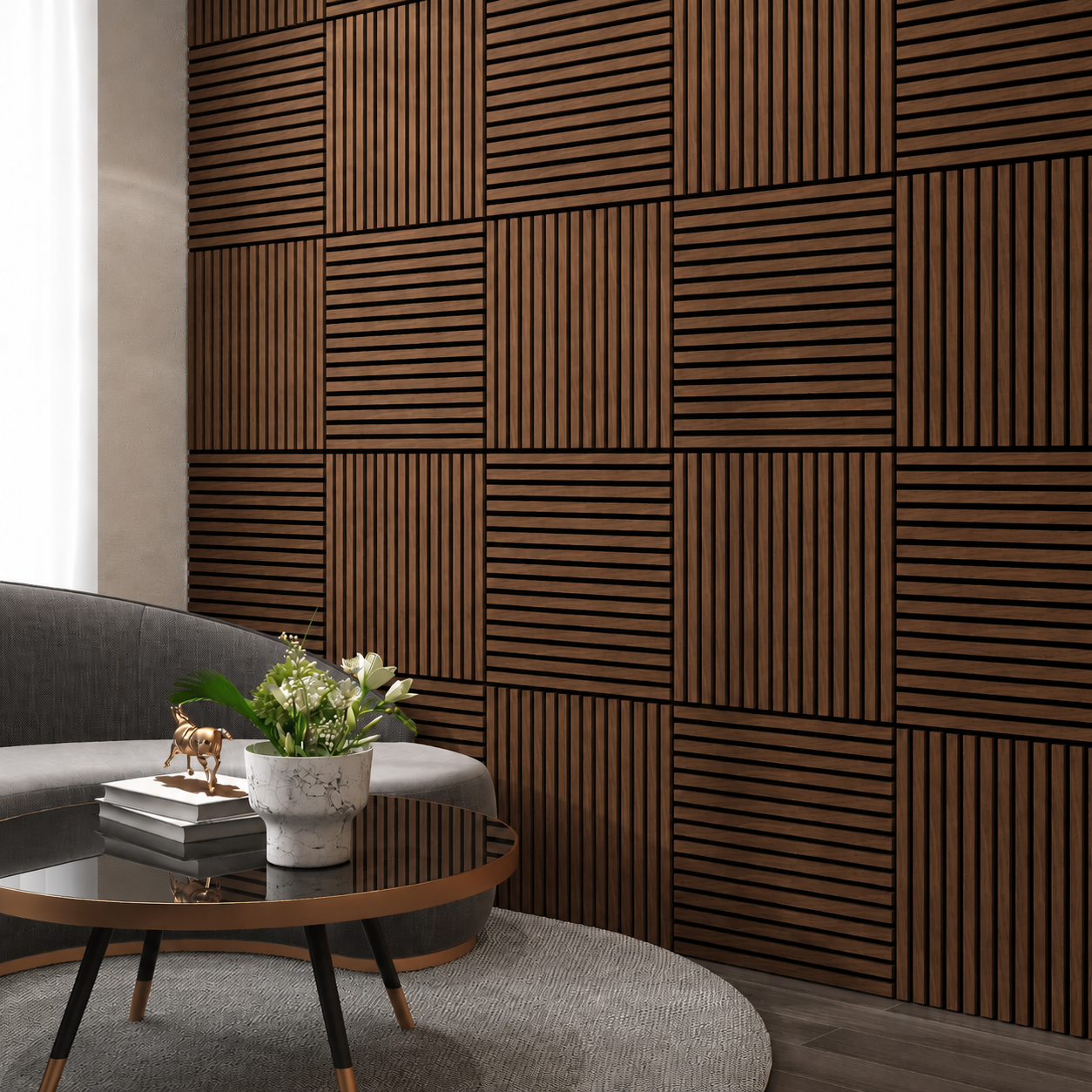 Akustični zidni panel Smeđi Hrast | 60x60 cm | MDF letvice 27 mm