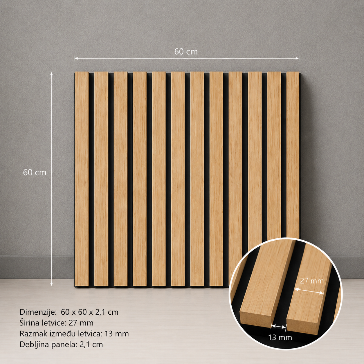 Akustični zidni panel Svijetli Hrast | 60x60 cm | MDF letvice 27 mm